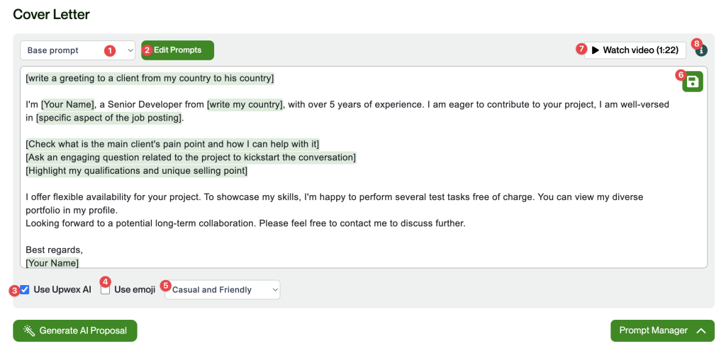 The interface of Upwex AI for generating Cover Letters The interface of Upwex AI for generating Cover Letters